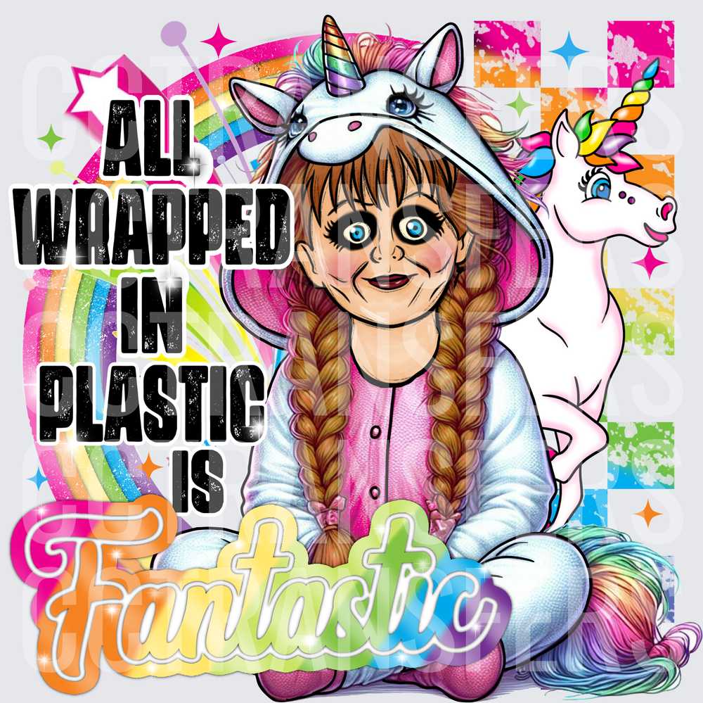 Annabelle Horror Doll Unicorn Onesie All Wrapped In Plastic Is Fantastic Rainbow (DTF)