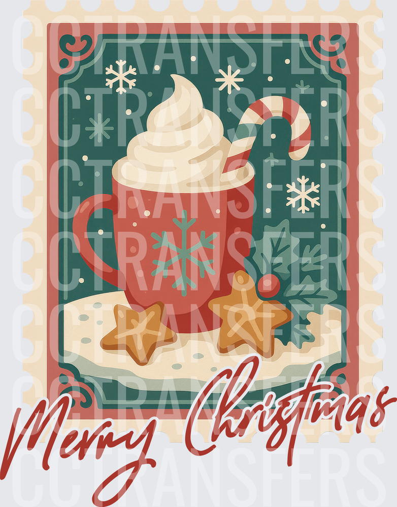 Merry Christmas Vintage Stamp Hot Cocoa Holiday (DTF)