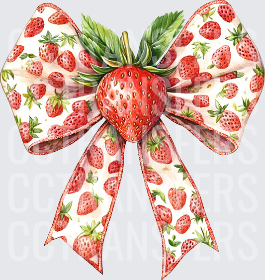 Watercolor Strawberry Print Ribbon Bow with Fresh Berry Center (DTF)