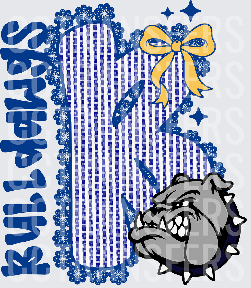 Bulldogs Mascot Blue Stripe Lace Letter B Gold Bow (DTF)