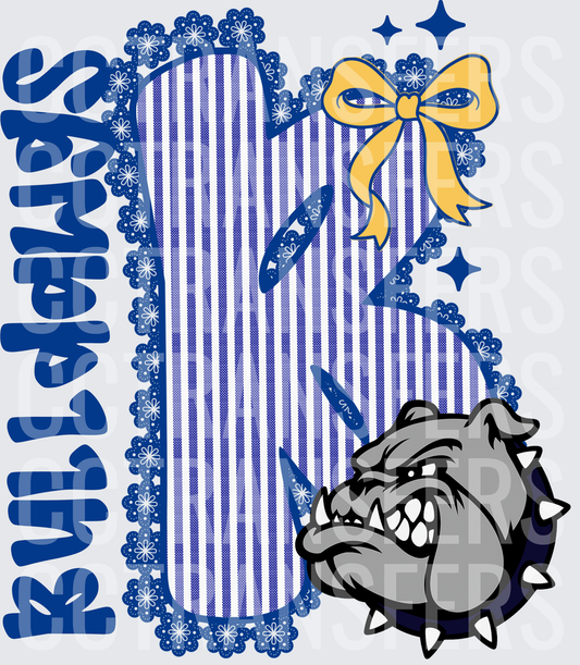 Bulldogs Mascot Blue Stripe Lace Letter B Gold Bow (DTF)