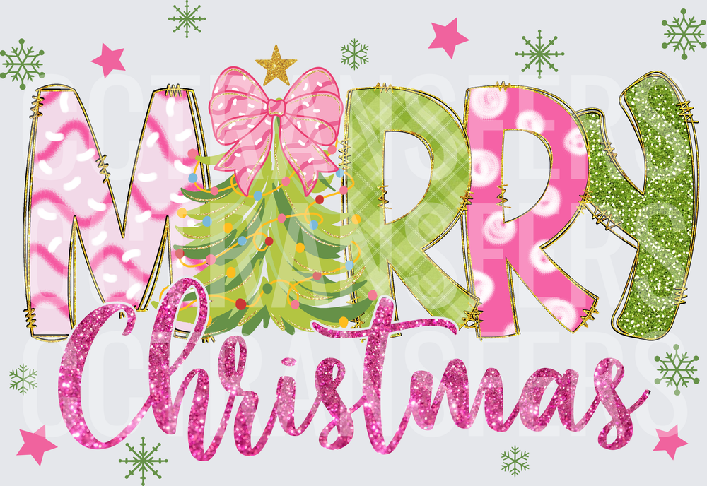 Merry Christmas Pink Green Glitter Patterned Letters Tree (DTF)