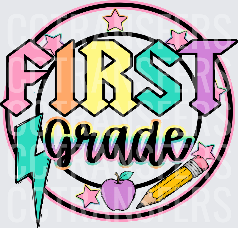 First Grade Pastel Bolt Circle with Apple and Pencil (DTF)