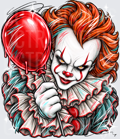 Creepy Evil Clown Holding Red Balloon Horror Art (DTF)