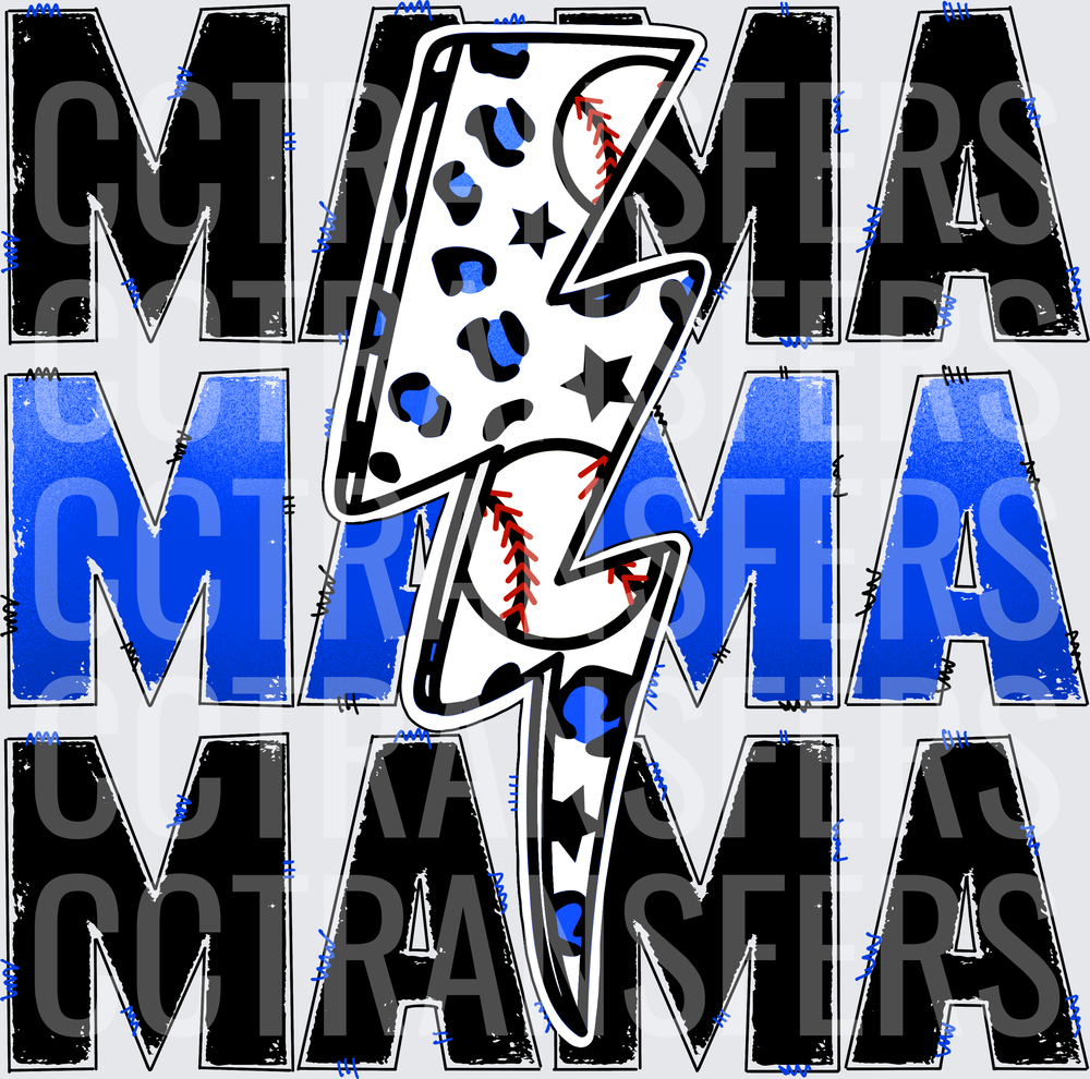 Mama Baseball Lightning Bolt Leopard Print Blue Stars (DTF)