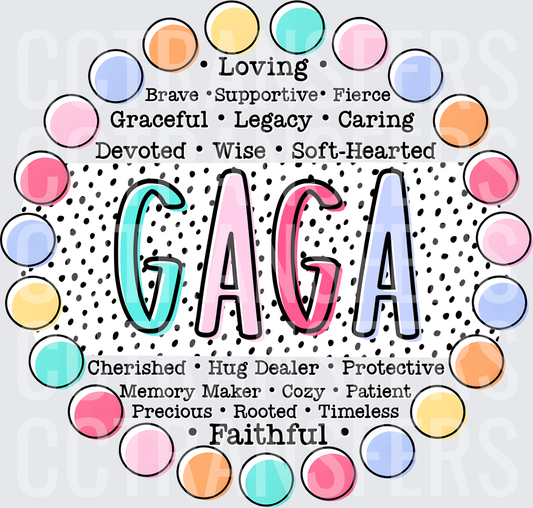 Gaga Word Art Colorful Polka Dot Circle Border (DTF)