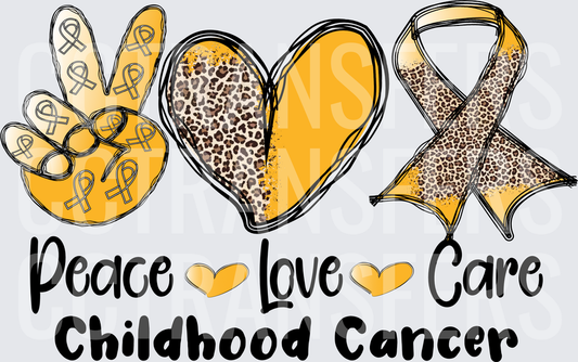 Peace Love Care Childhood Cancer Gold Leopard Ribbon (DTF)