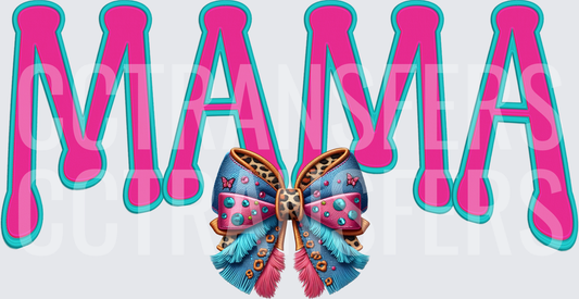 Mama Bold Hot Pink Teal Letters Leopard Coquette Bow (DTF)