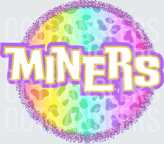 Rainbow Leopard Glitter Circle Miners Bold Text (DTF)