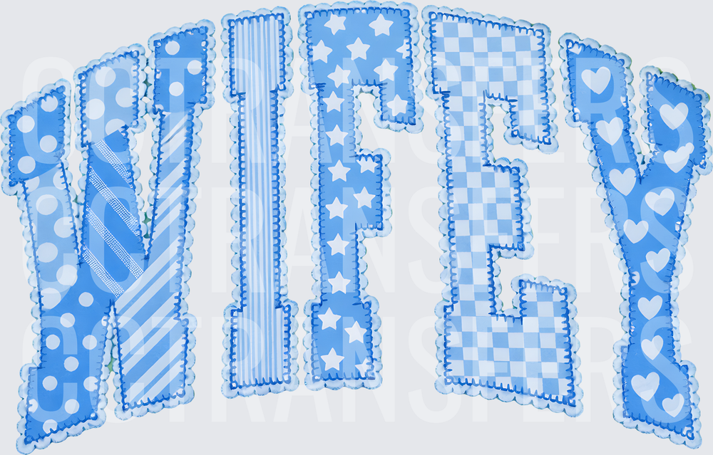 Wifey Blue Patchwork Varsity Letters with Hearts (DTF)