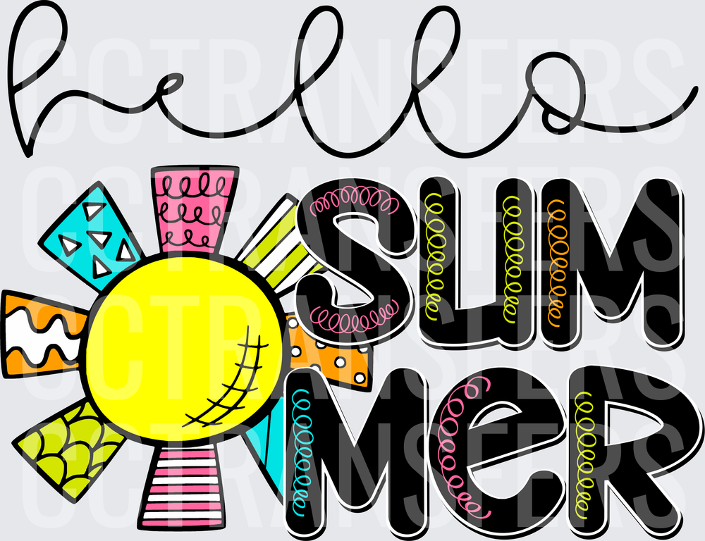 Hello Summer Bold Colorful Sun Doodle Design (DTF)