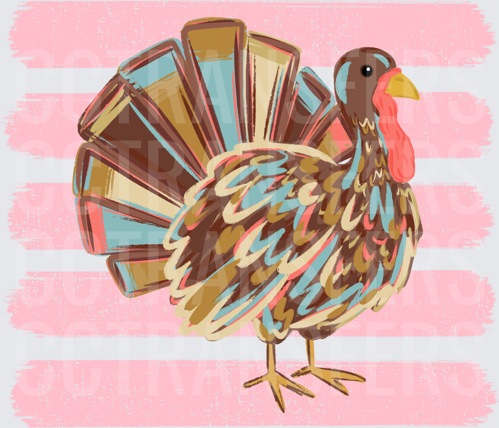 Colorful Thanksgiving Turkey Pink Stripe Background (DTF)