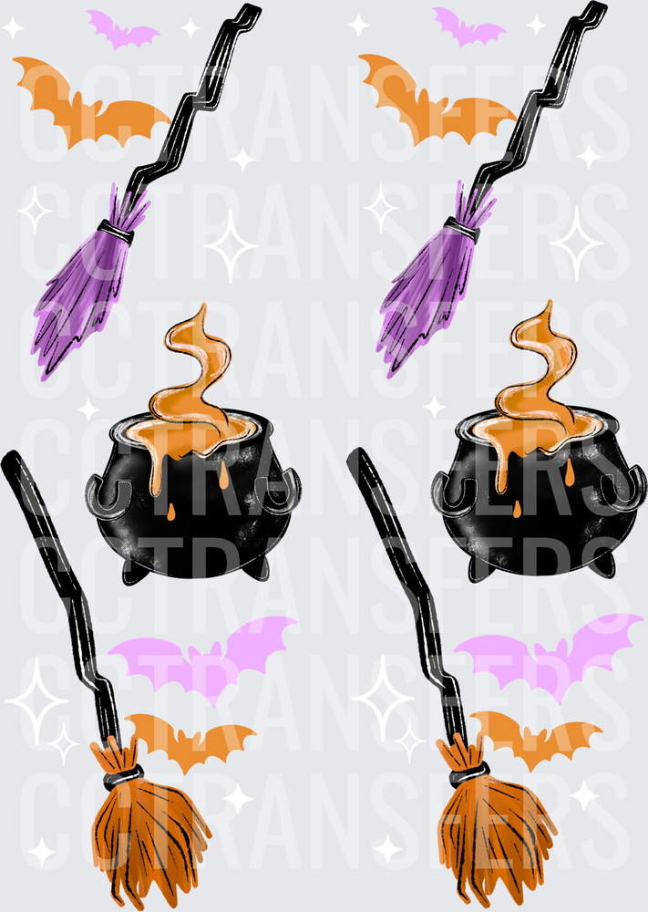 Halloween Witch Brooms Cauldrons and Bats Pattern (DTF)