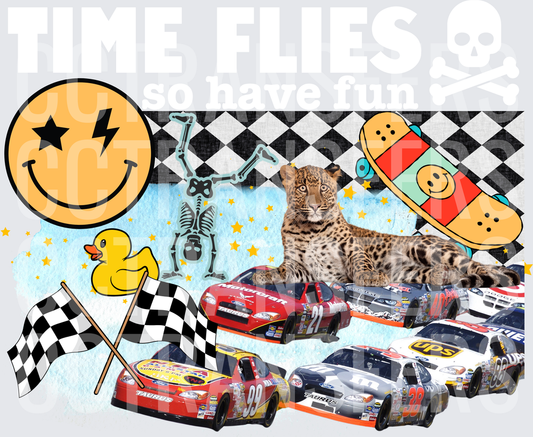 Retro Collage Smiley Race Cars Leopard Skate Checker (DTF)