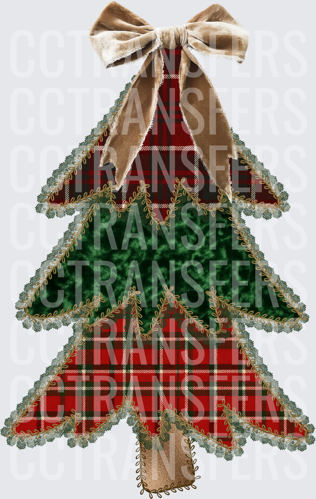 Patchwork Plaid Christmas Tree with Velvet Bow (DTF)