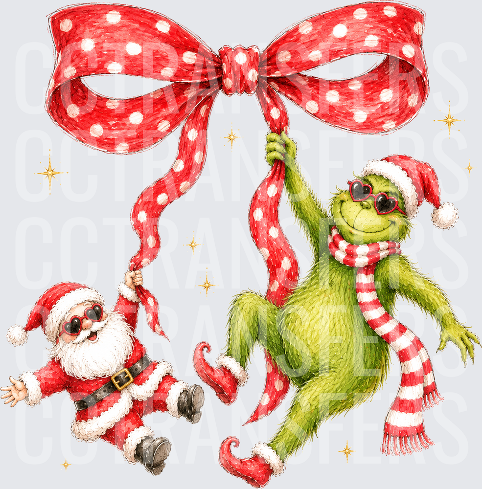 Fuzzy Green G-Man & Santa Hanging from Polka Dot Bow (DTF)
