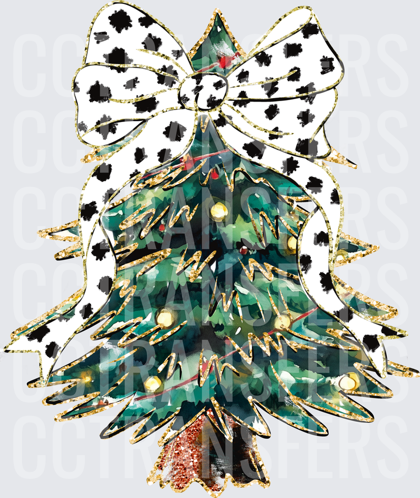 Watercolor Christmas Tree Gold Glitter Dalmatian Bow (DTF)