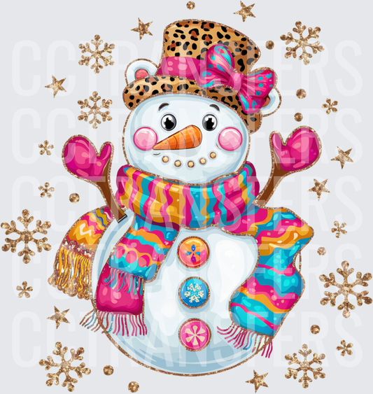Sassy Snowman Leopard Hat Pink Mittens Gold Snowflakes (DTF)