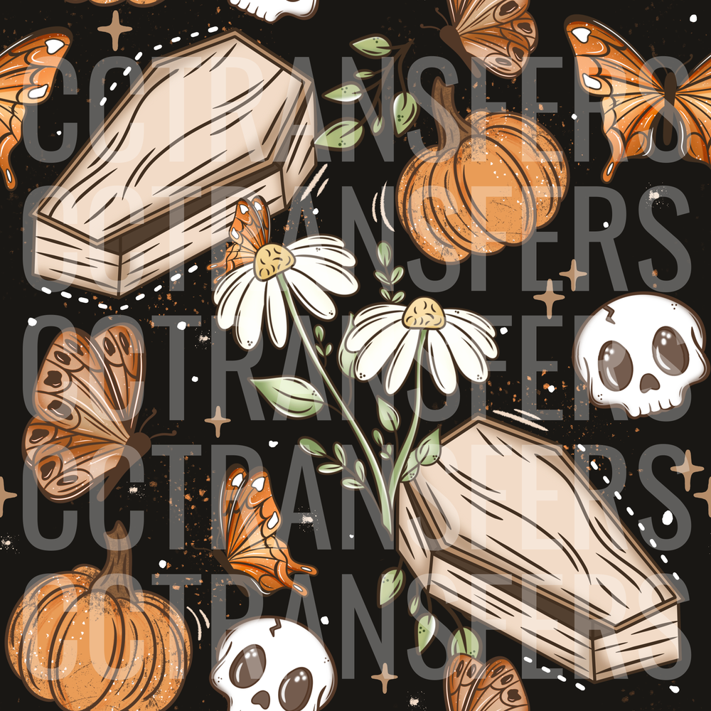 Spooky Halloween Coffins Skulls Pumpkins Butterflies Daisies (DTF)