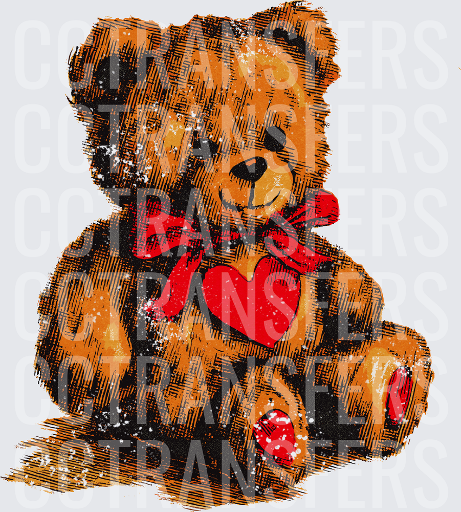 Vintage Sketch Teddy Bear Red Heart Bow Valentine (DTF)
