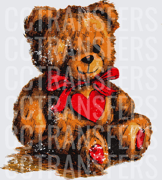 Vintage Sketch Teddy Bear Red Heart Bow Valentine (DTF)