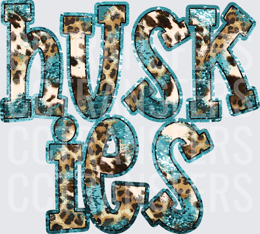 Huskies Teal Sequin Leopard Cowhide Letter Design (DTF)