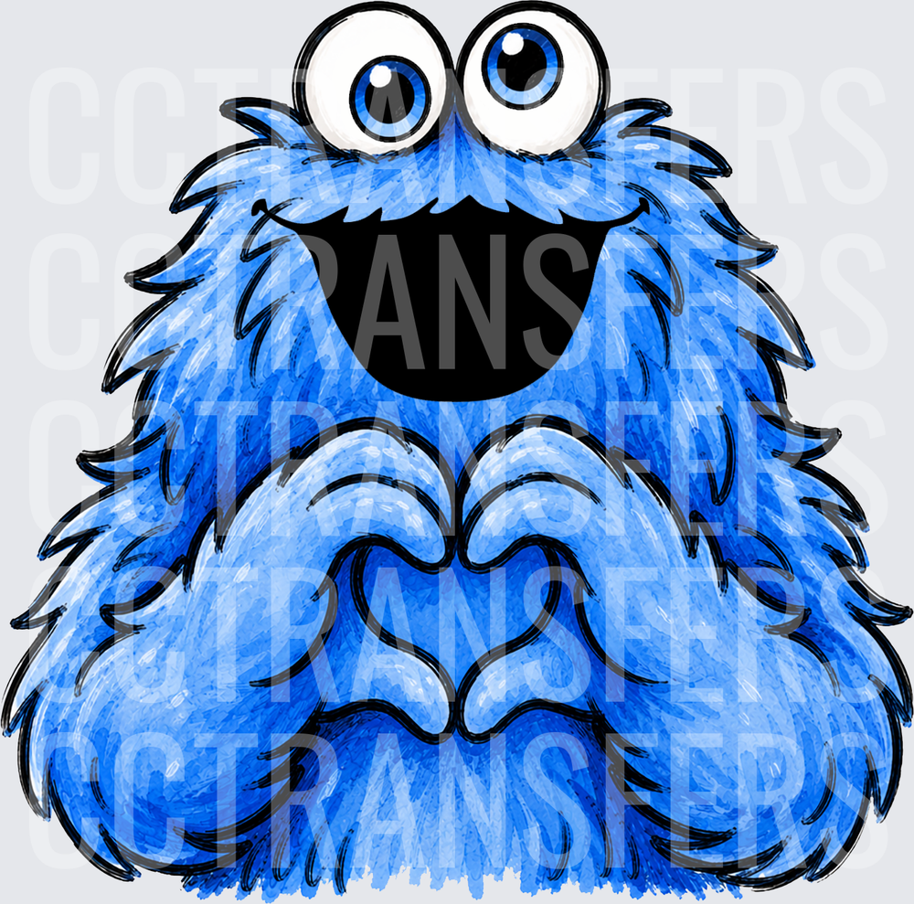 Fluffy Blue Monster Making Heart Shape With Hands (DTF)