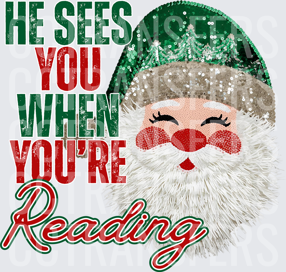 He Sees You When You're Reading Sequin Santa (DTF)