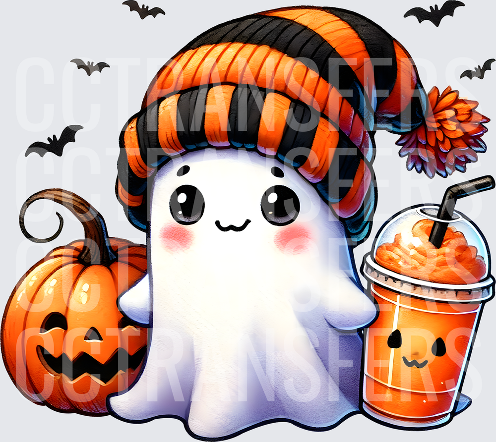 Cute Ghost Orange Striped Beanie Pumpkin Spice Fall (DTF)