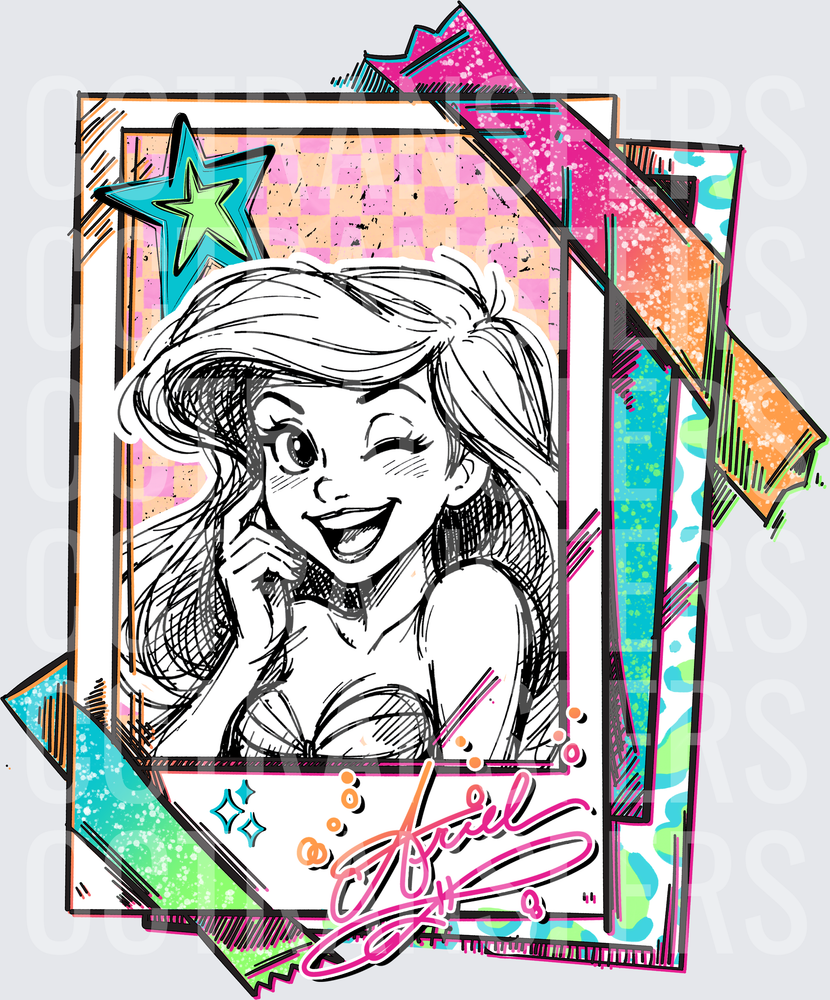 Winking Mermaid Princess Polaroid Sketch Neon Pop Art (DTF)