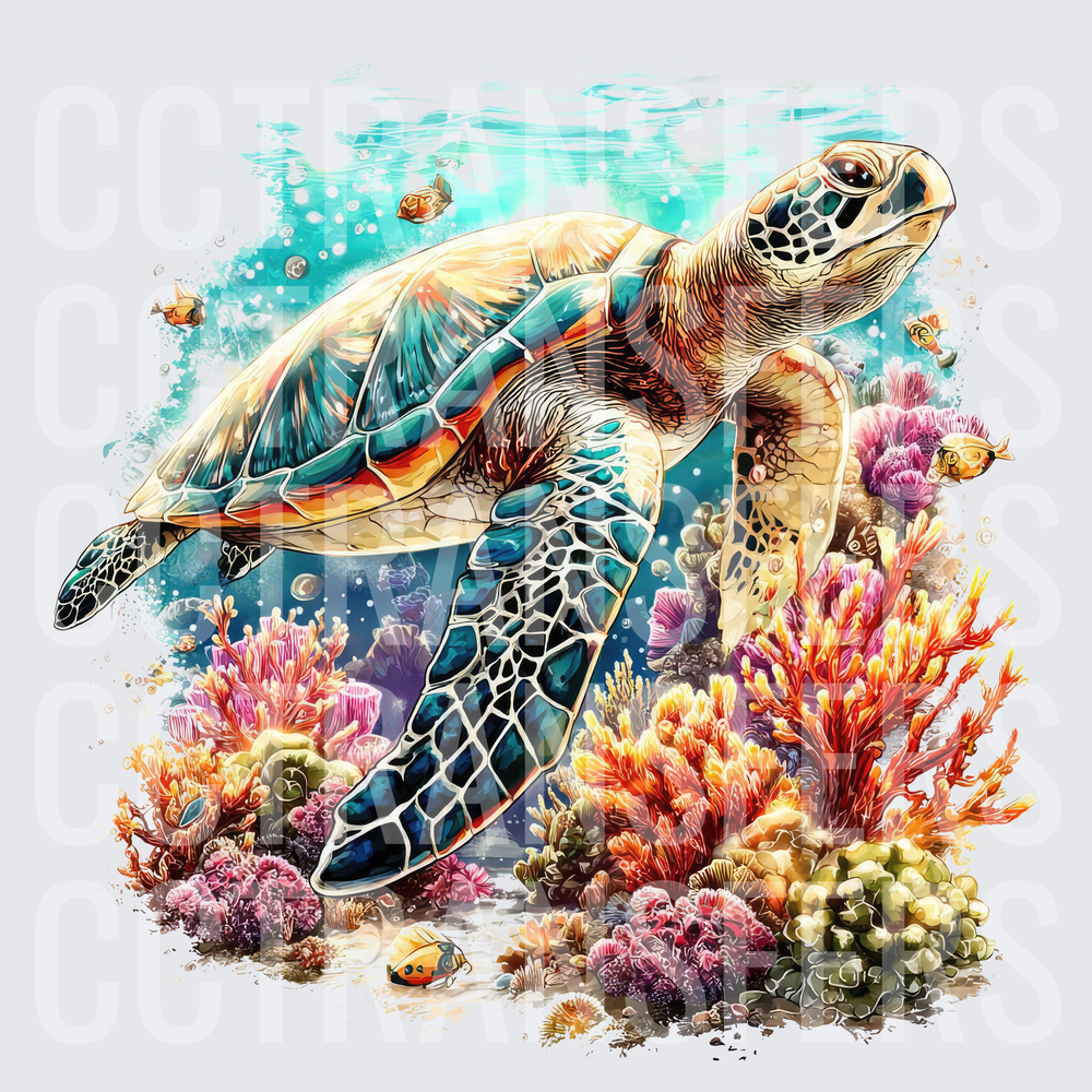 Vibrant Sea Turtle Swimming Over Colorful Coral Reef (DTF)