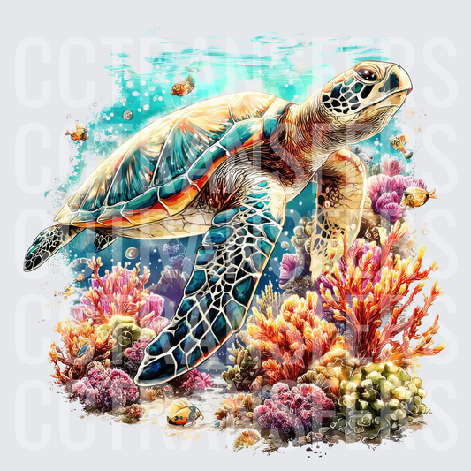 Vibrant Sea Turtle Swimming Over Colorful Coral Reef (DTF)