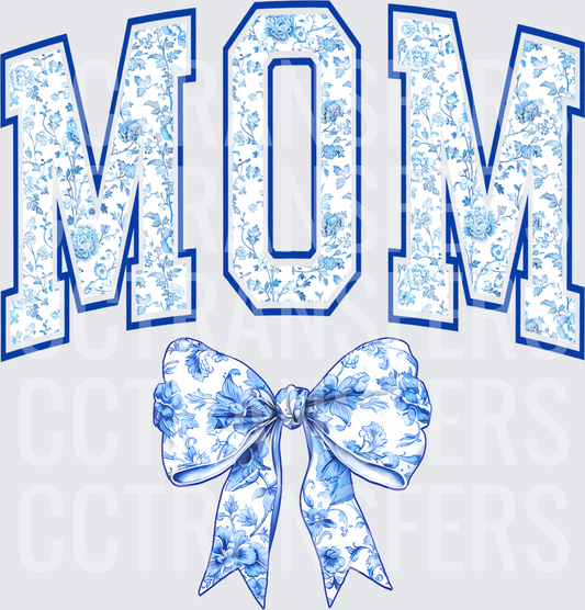 Blue Floral Varsity MOM Letters with Bow (DTF)