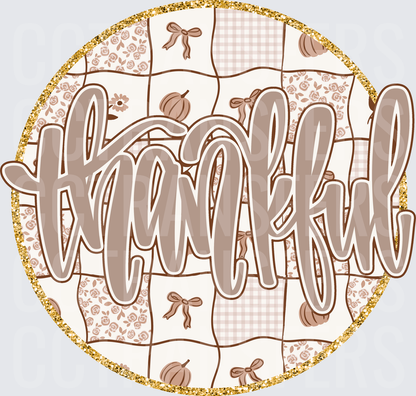 Thankful Patchwork Quilt Pumpkins Gold Glitter Circle (DTF)