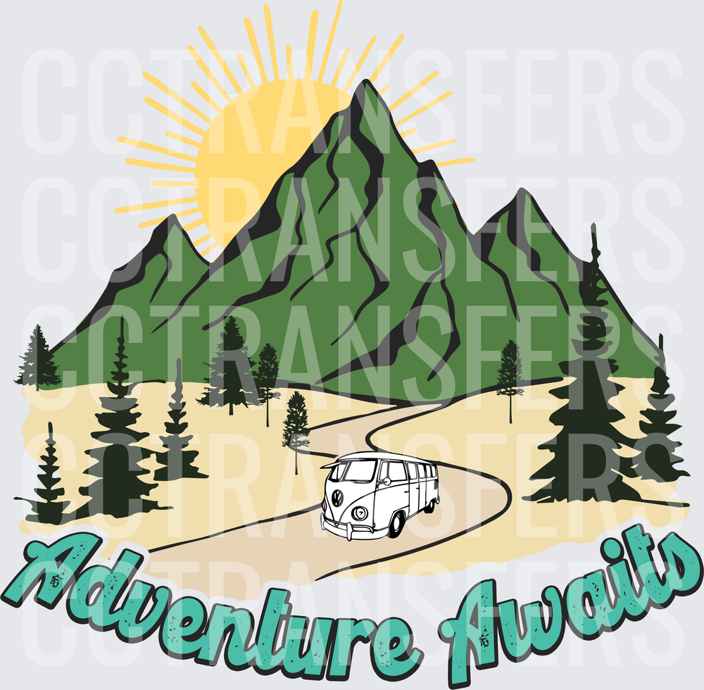 Adventure Awaits Mountain Road Retro Van Scene (DTF)