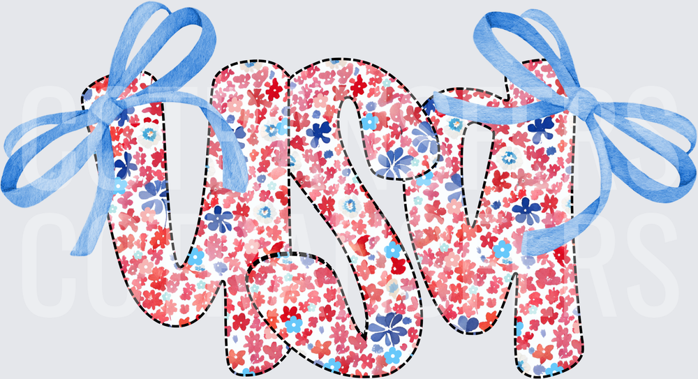 Floral Ditsy USA Bubble Letters with Blue Bows (DTF)