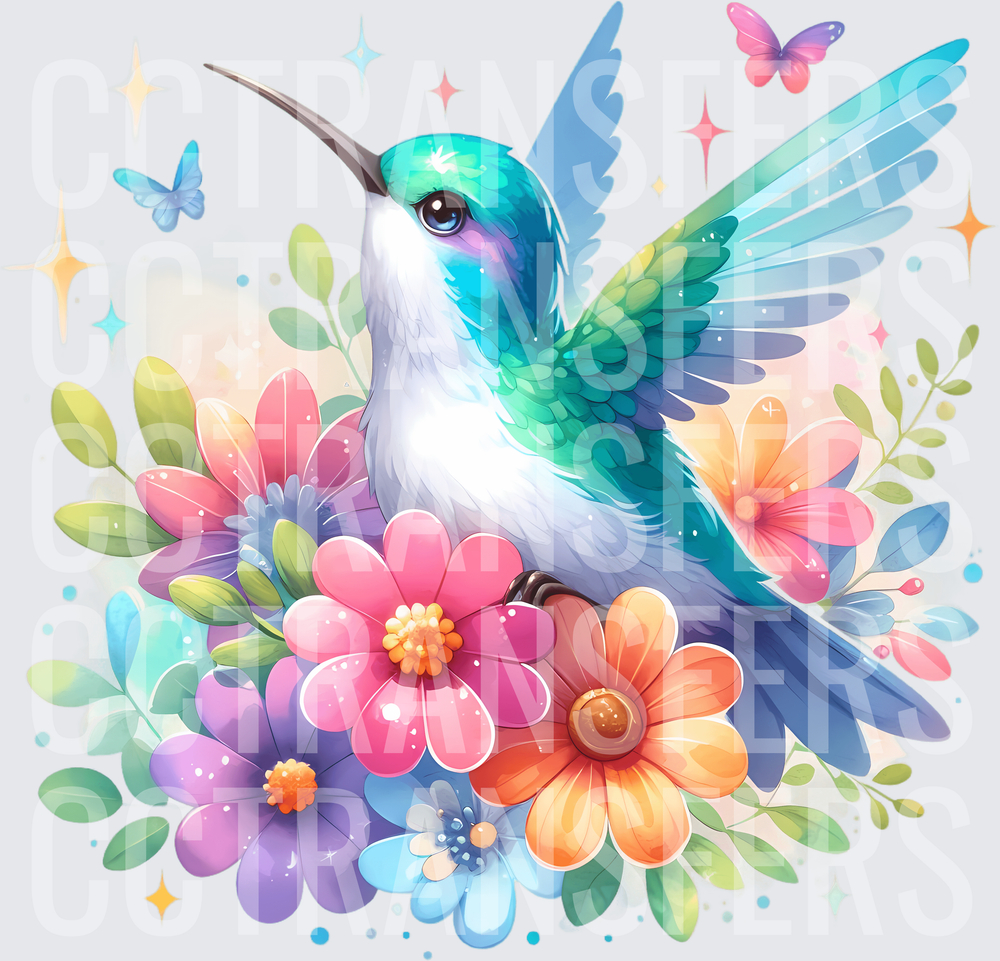 Colorful Hummingbird Perched on Spring Wildflowers (DTF)
