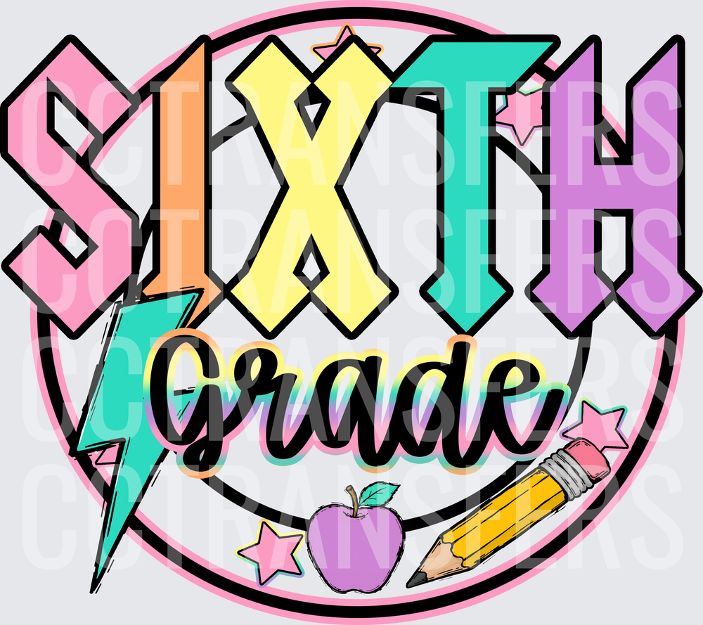 Sixth Grade Pastel Bold Lightning Bolt Apple Pencil Stars (DTF)