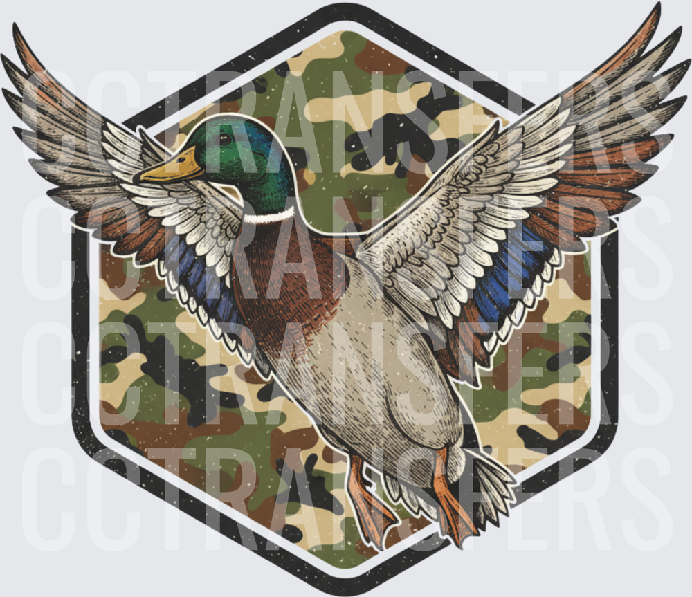 Flying Mallard Duck Spread Wings Camo Hexagon Badge (DTF)