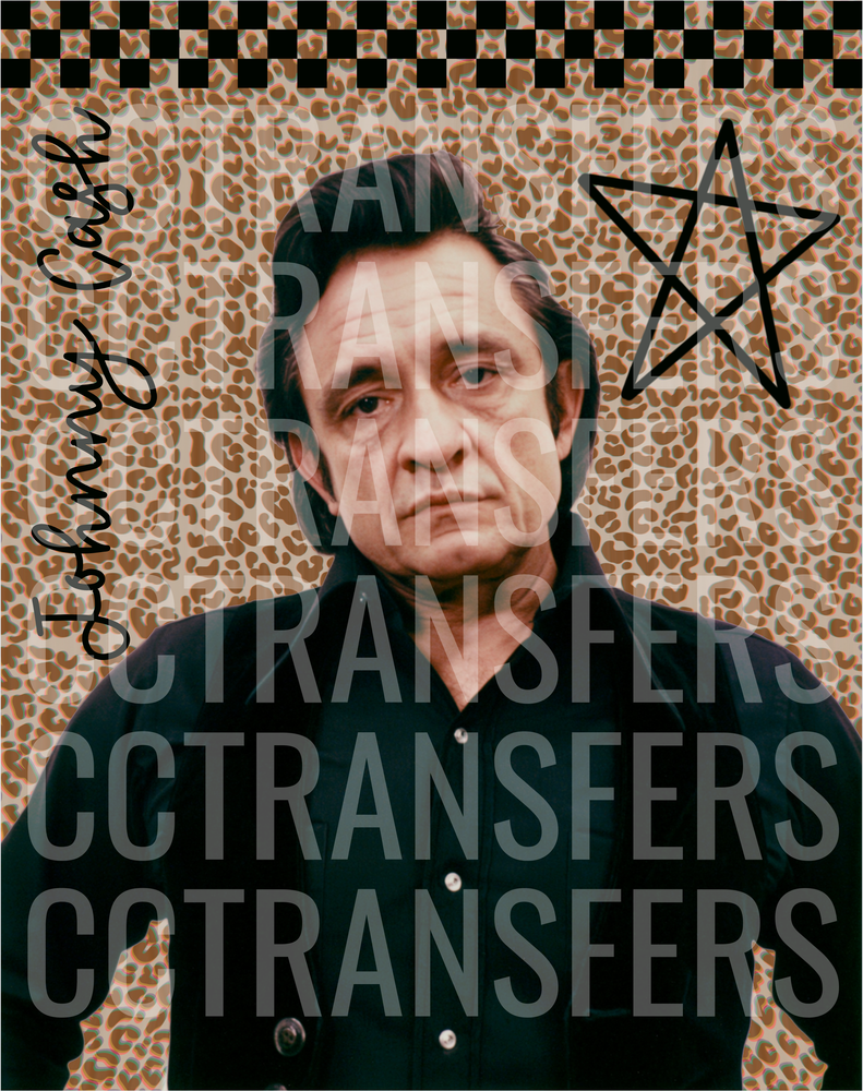 Johnny Cash Portrait Leopard Print Star Background DTF