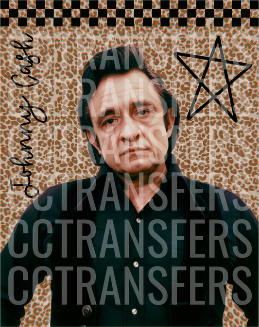 Johnny Cash Portrait Leopard Print Star Background DTF