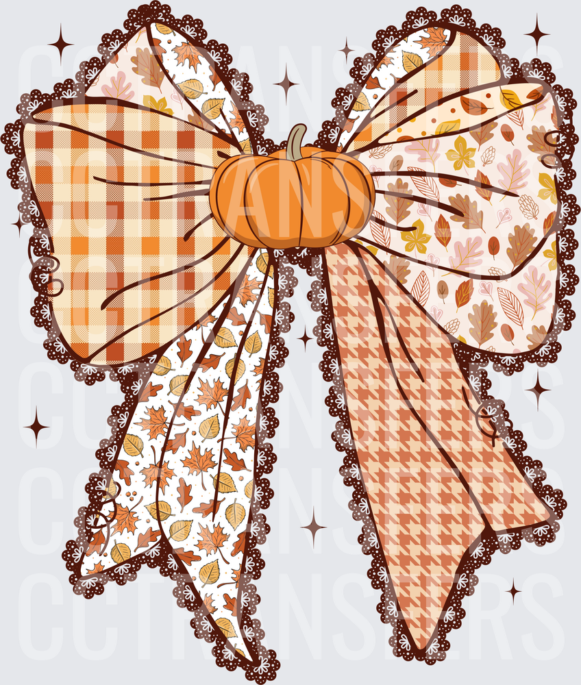 Patchwork Fall Bow Pumpkin Center Autumn Leaves (DTF)