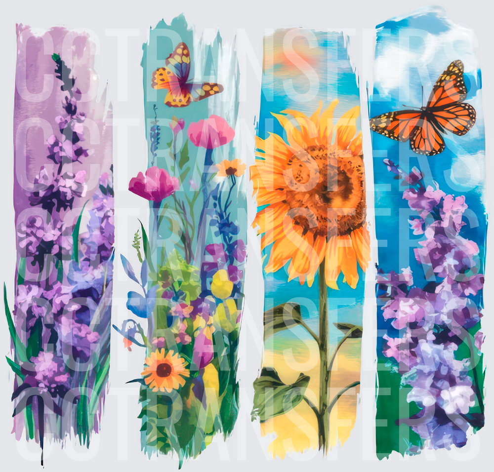 Four Watercolor Brush Stroke Panels Flowers Butterflies (DTF)