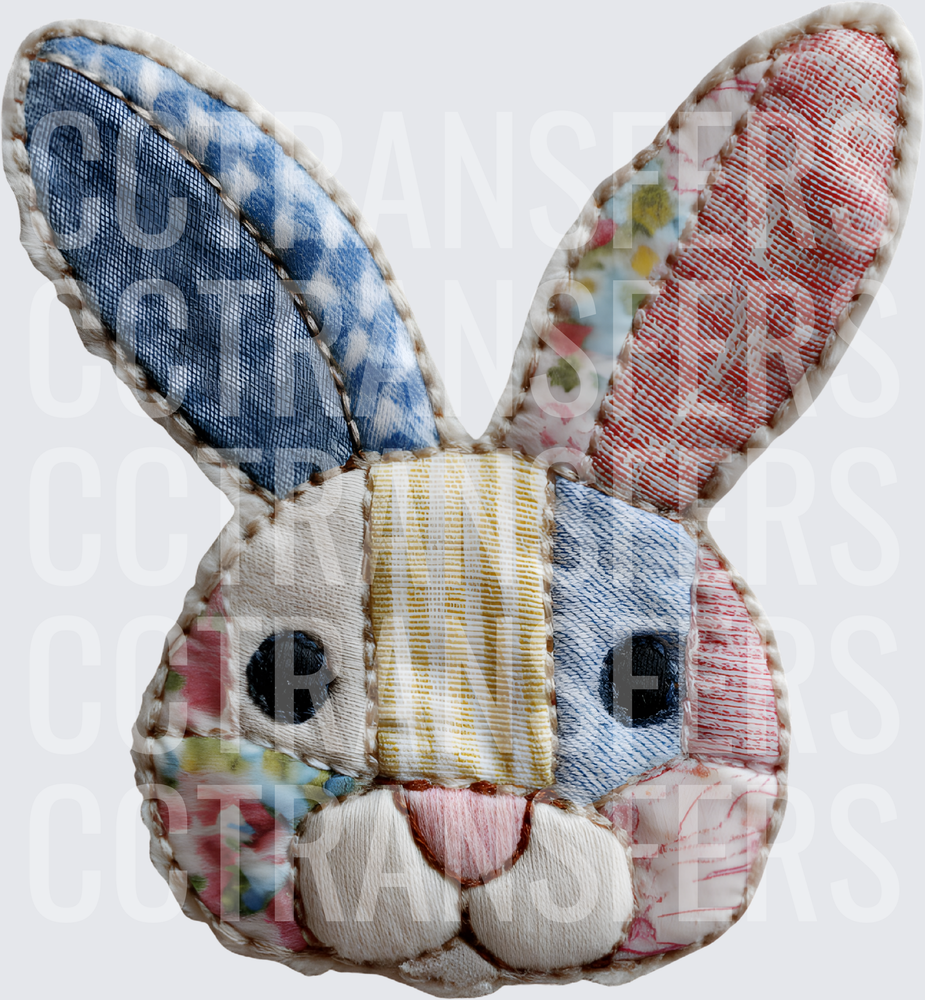 Patchwork Quilt Bunny Face Stitched Fabric Collage (DTF)