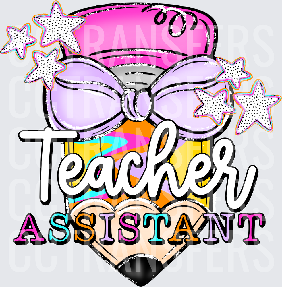 Teacher Assistant Pencil Bow Stars Colorful Design (DTF)