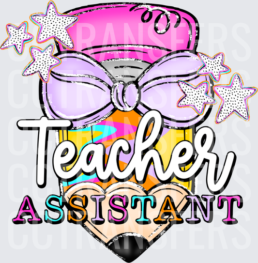 Teacher Assistant Pencil Bow Stars Colorful Design (DTF)