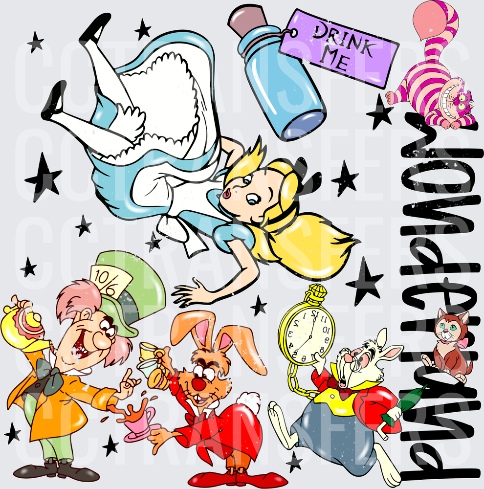 Wonderland Falling Girl Mad Hatter Rabbit Cheshire Cat (DTF)
