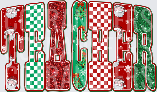 Christmas Teacher Bold Lettering Glitter Checkered Santa (DTF)