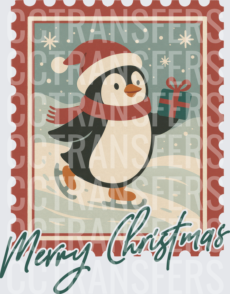 Merry Christmas Ice Skating Penguin Vintage Stamp (DTF)