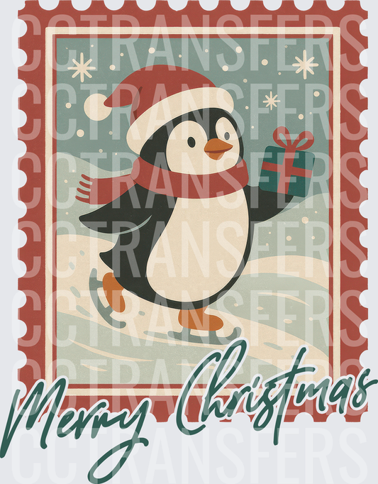 Merry Christmas Ice Skating Penguin Vintage Stamp (DTF)